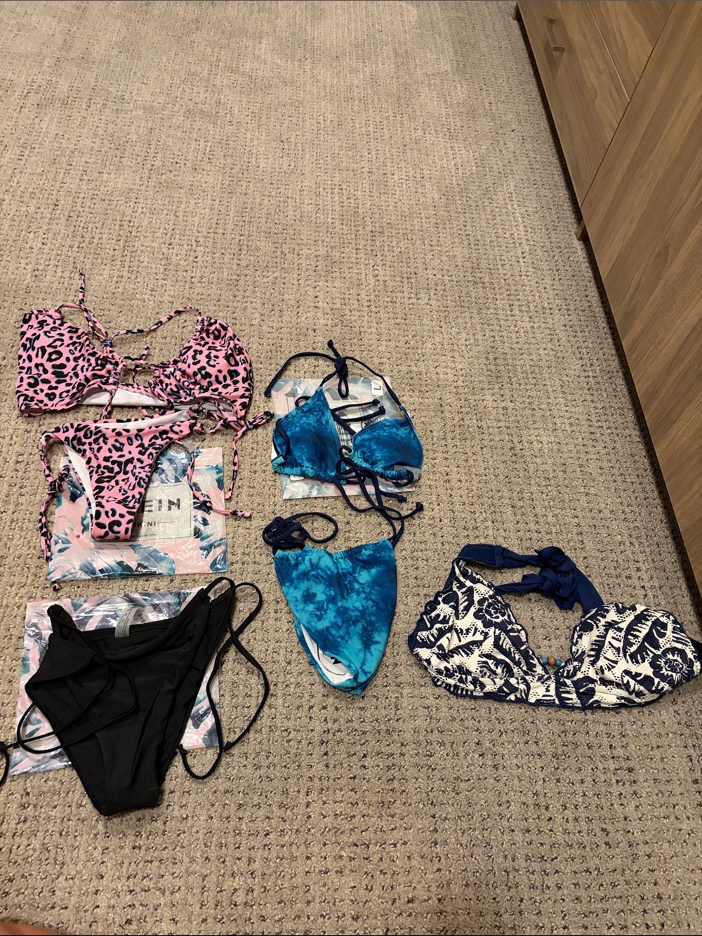 Mixed Bikini Set Bundle - Pink Leopard, Black, Blue & Navy Prints- Size Large